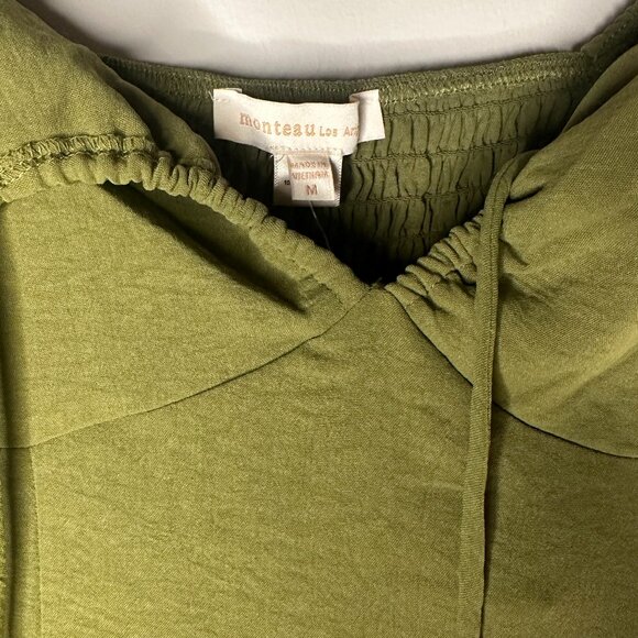 Monteau Los Angeles | Olive Green Midi Dress | Tie Front Puff Sleeve | Size M - Picture 4 of 6